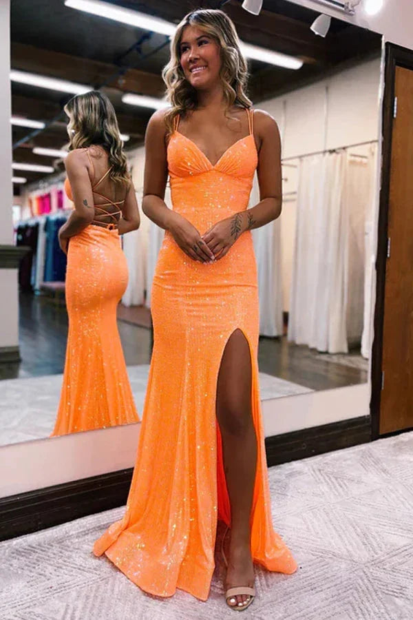 Mermaid Spaghetti Straps Orange Tight Prom Dress With Split PSK442