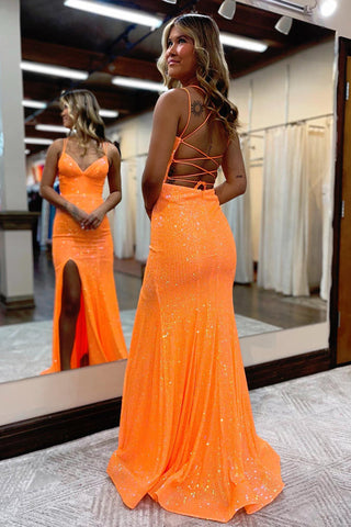 Vestido de fiesta largo de sirena con lentejuelas naranjas brillantes