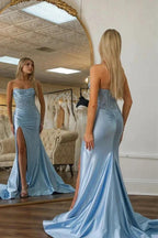 Mermaid Strapless Lace Corset Blue Long Prom Dress with Slit PSK589 by Pgmdress