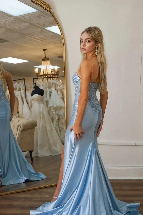 Mermaid Strapless Lace Corset Blue Long Prom Dress with Slit PSK589 by Pgmdress