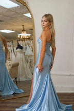 Mermaid Strapless Lace Corset Blue Long Prom Dress with Slit PSK589 by Pgmdress