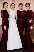 Mermaid Sweep Train Lace Long Sleeve Burgundy Bridesmaid Dresses BD090 by pgmdress