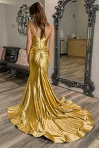 Vestido de fiesta largo dorado con escote corazón y corte sirena y abertura PSK583