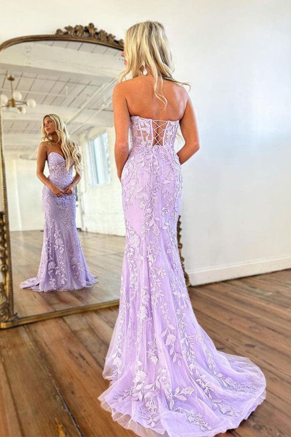 Vestido de fiesta largo morado con escote corazón y encaje de sirena, vestido formal PSK365