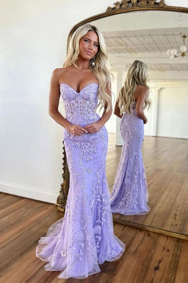 Mermaid Sweetheart Neck Lace Purple Long Prom Dress Formal Dress PSK365 by pgmdress