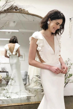 Mermaid V-Neck Cap Sleeves Wedding Dress with Ruffles WD743 by pgmdress