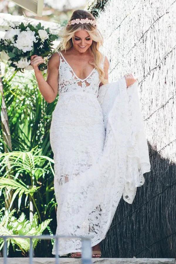 Mermaid V-neck Lace Wedding Dress With Sweep Train WD691 by pgmdress