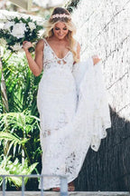 Mermaid V-neck Lace Wedding Dress With Sweep Train WD691 by pgmdress