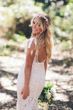 Mermaid V-neck Lace Wedding Dress With Sweep Train WD691 by pgmdress