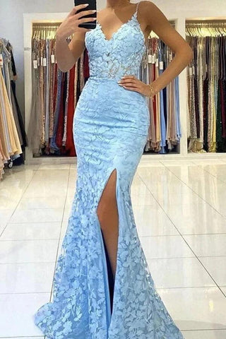 Vestido de noche largo de sirena con escote en V y espalda descubierta de encaje azul PSK422