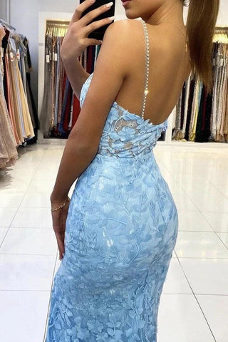 Vestido de noche largo de sirena con escote en V y espalda descubierta de encaje azul PSK422