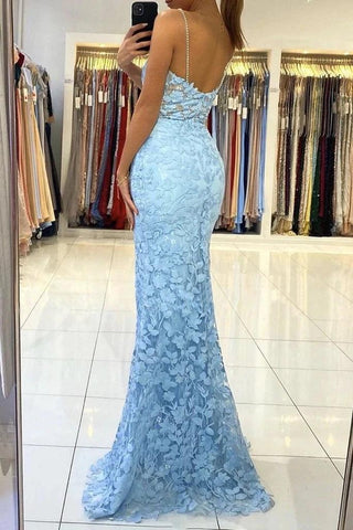 Vestido de noche largo de sirena con escote en V y espalda descubierta de encaje azul PSK422
