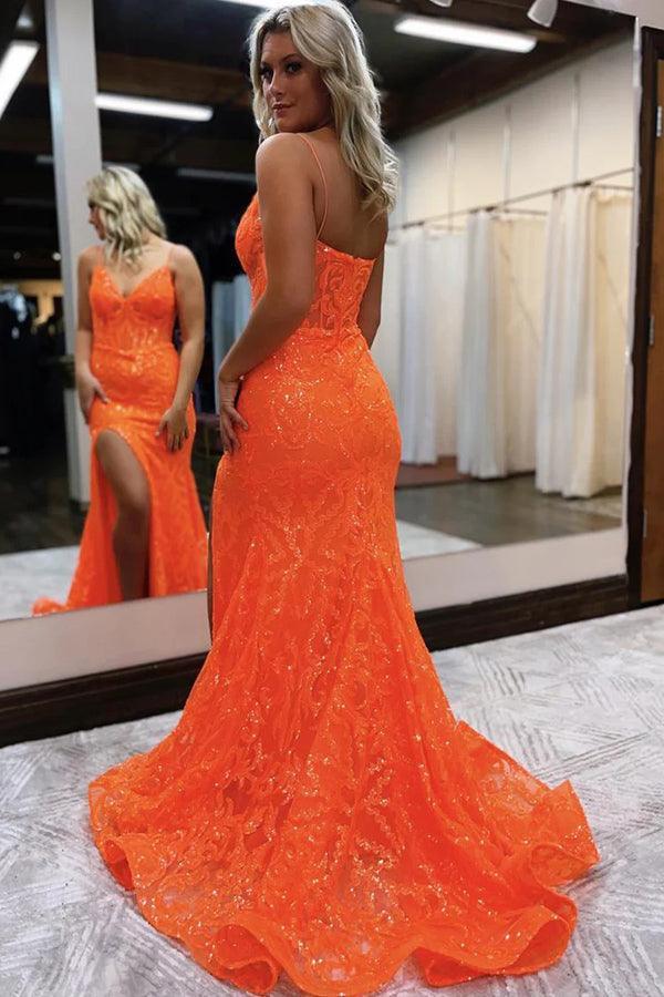 Mermaid V Neck Glitter Slit Orange Long Prom Dress PSK416