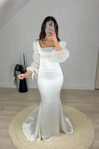Mermaid White Square Neck Long Sleeves Wedding Dress WD755 by pgmdress