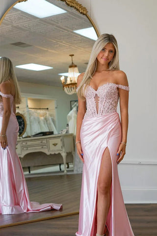Vestido de fiesta rosa de corte sirena con hombros descubiertos y apliques PSK575