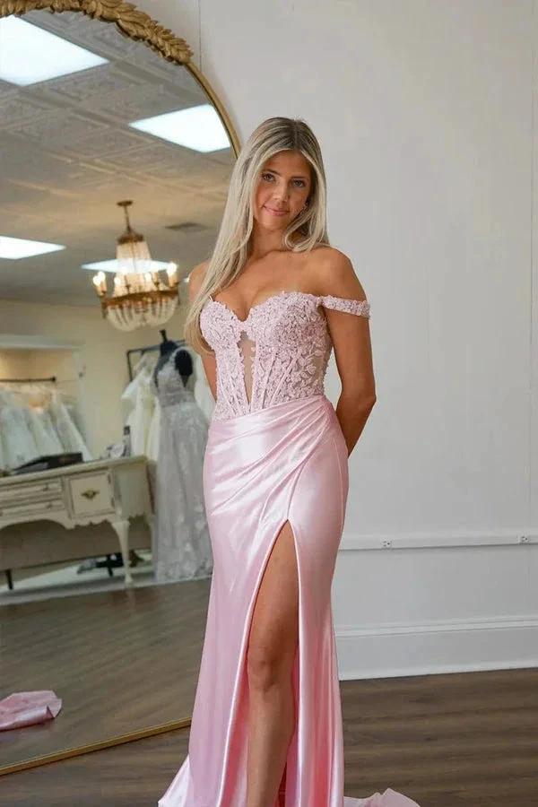 Mermaid Off Shoulder Pink Prom Dress With Appliques PSK575 by Pgmdress
