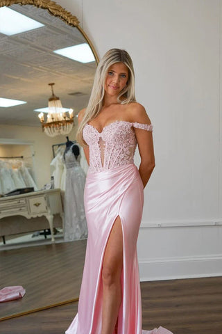 Vestido de fiesta rosa de corte sirena con hombros descubiertos y apliques PSK575