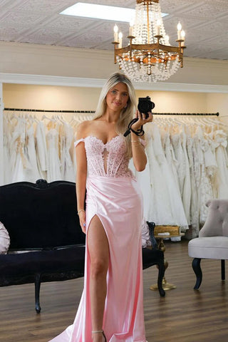 Vestido de fiesta rosa de corte sirena con hombros descubiertos y apliques PSK575