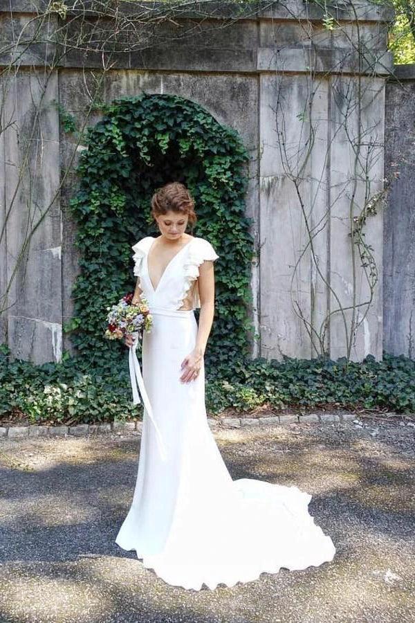 Mermaid V-Neck Cap Sleeves Wedding Dress with Ruffles WD743 by pgmdress