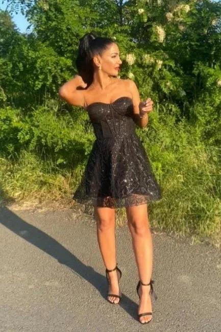 Mini Black Sweetheart Tulle Sleeveless A-Line Strapless Prom Dresses with Lace by misshow.com
