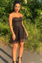 Mini Black Sweetheart Tulle Sleeveless A-Line Strapless Prom Dresses with Lace by misshow.com