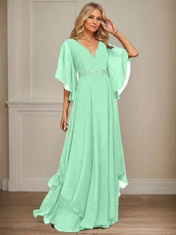 A-line V-Neck Floor-Length Chiffon Mother of the Bride Dress With Sequins Appliques Lace Beading by Dreamylily