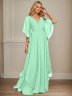 A-line V-Neck Floor-Length Chiffon Mother of the Bride Dress With Sequins Appliques Lace Beading by Dreamylily