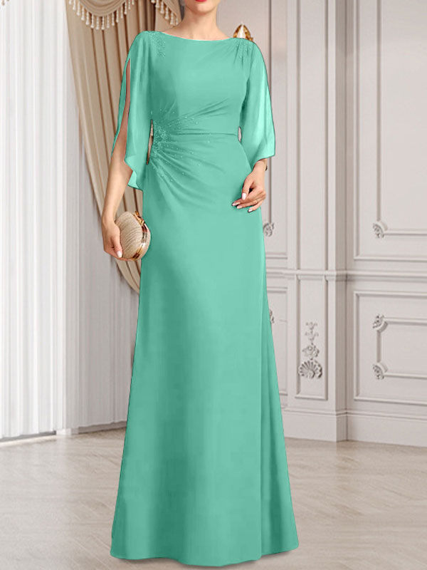 Etui-Linie/Säule U-Ausschnitt Bodenlang Chiffon Kleid für die Brautmutter mit Plissee Perlenbesatz