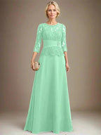 A-line Scoop Illusion Floor-Length Chiffon Lace Mother of the Bride Dress With Pleated Sequins Beading by Dreamylily