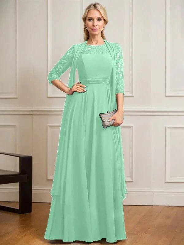 A-line Scoop Illusion Floor-Length Lace Chiffon Mother of the Bride Dress With Pleated by Dreamylily