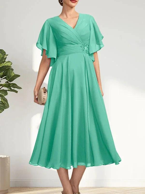 A-line V-Neck Tea-Length Chiffon Mother of the Bride Dress With Pleated Beading by Dreamylily