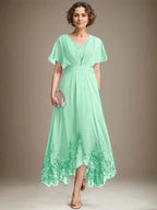 A-line V-Neck Asymmetrical Lace Chiffon Mother of the Bride Dress With Pleated by Dreamylily