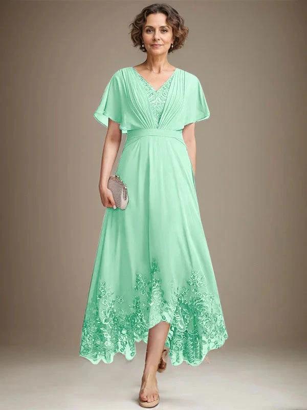 A-line V-Neck Asymmetrical Lace Chiffon Mother of the Bride Dress With Pleated by Dreamylily