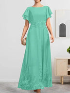 A-line Scoop Ankle-Length Lace Chiffon Mother of the Bride Dress With Sequins by Dreamylily