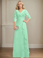 A-line Collared V-Neck Floor-Length Lace Chiffon Mother of the Bride Dress With Sequins Cascading Ruffles by Dreamylily