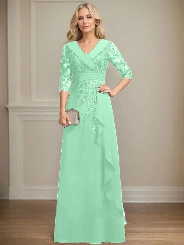 A-line Collared V-Neck Floor-Length Lace Chiffon Mother of the Bride Dress With Sequins Cascading Ruffles by Dreamylily