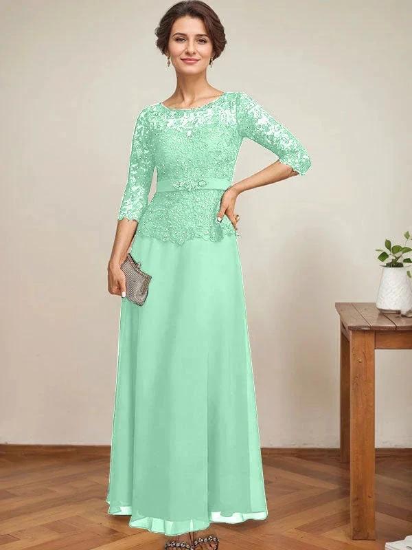A-line Scoop Illusion Ankle-Length Chiffon Lace Mother of the Bride Dress With Rhinestone Beading by Dreamylily