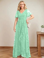 A-Line V-Neck Asymmetrical Lace Mother of the Bride Dress With Cascading Ruffles by Dreamylily