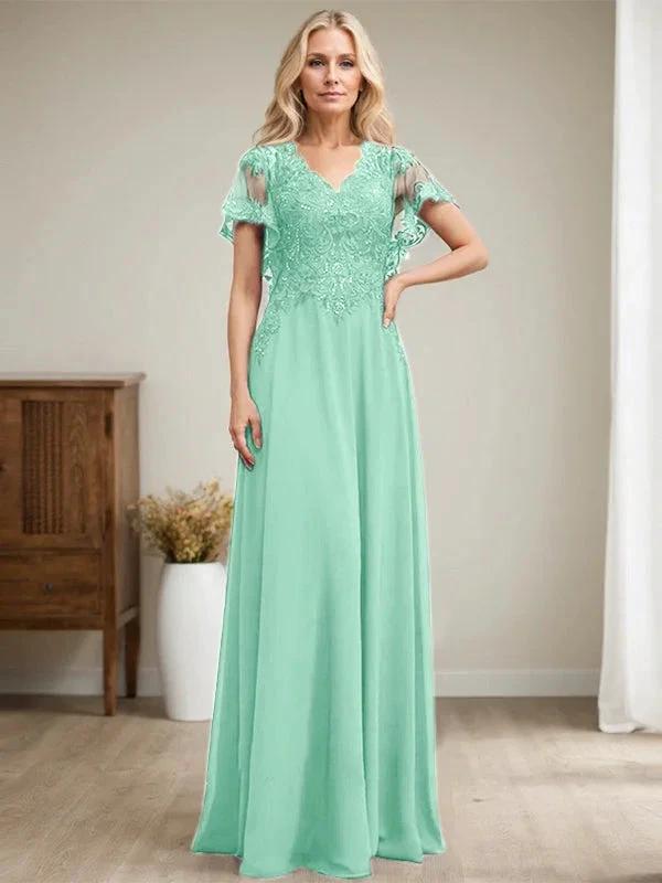 A-line V-Neck Floor-Length Lace Chiffon Mother of the Bride Dress With Sequins by Dreamylily