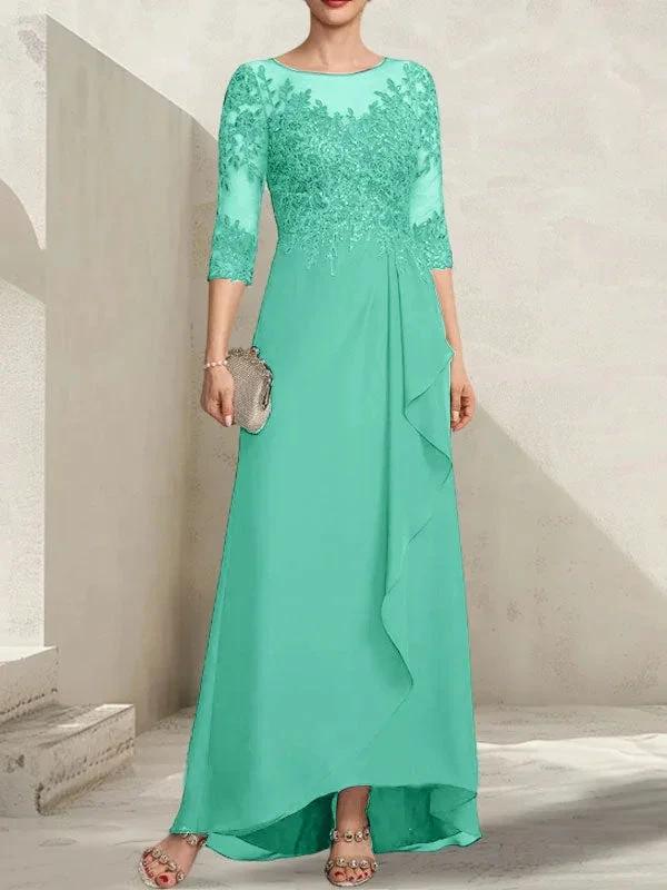 A-line Scoop Illusion Asymmetrical Lace Chiffon Mother of the Bride Dress With Sequins Cascading Ruffles by Dreamylily