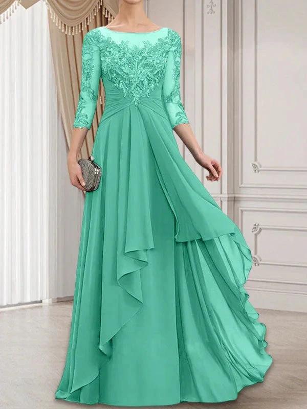 A-line Scoop Illusion Floor-Length Lace Chiffon Mother of the Bride Dress With Cascading Ruffles by Dreamylily
