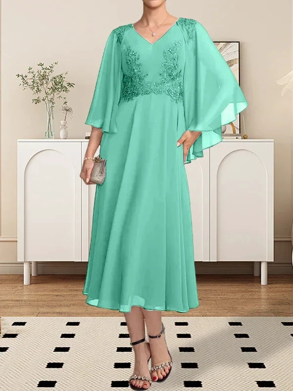 A-line V-Neck Tea-Length Chiffon Lace Mother of the Bride Dress With Beading Sequins by Dreamylily