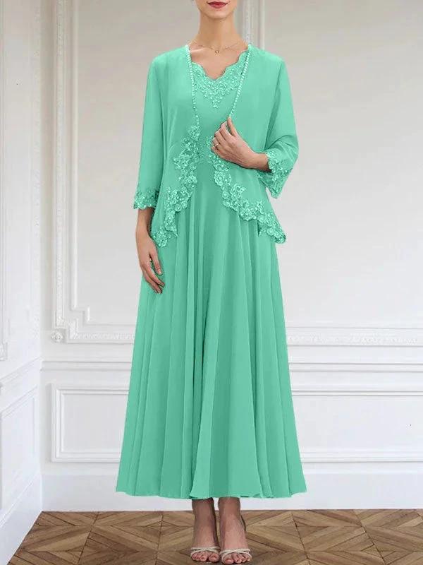 A-line V-Neck Ankle-Length Chiffon Mother of the Bride Dress With Sequins Appliques Lace Beading by Dreamylily