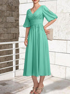 A-line V-Neck Tea-Length Lace Chiffon Mother of the Bride Dress With Pleated by Dreamylily