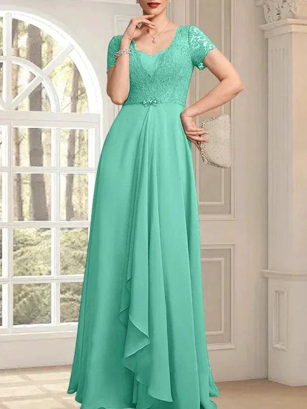 A-line Sweetheart Floor-Length Chiffon Lace Mother of the Bride Dress With Beading Cascading Ruffles by Dreamylily