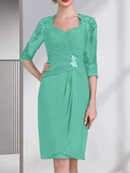 Sheath/Column Sweetheart Knee-Length Chiffon Mother of the Bride Dress With Beading Appliques Lace Sequins Pleated by Dreamylily