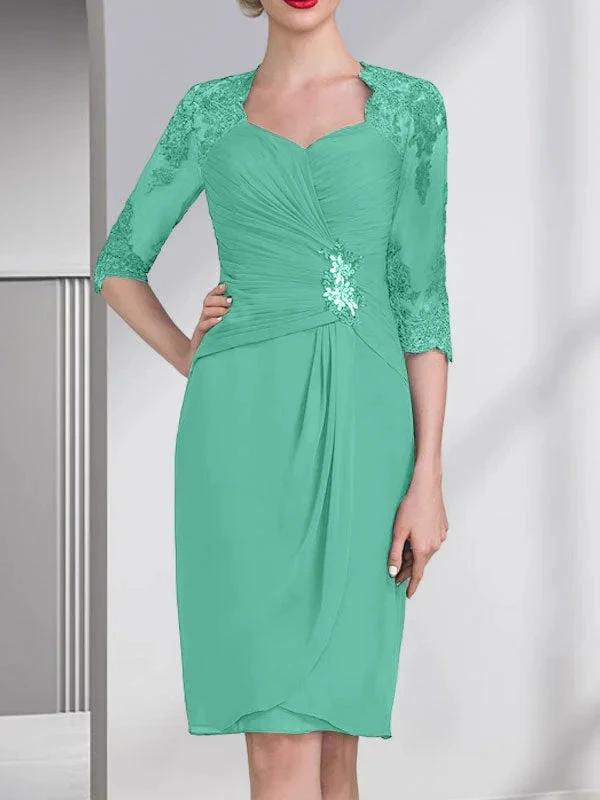 Sheath/Column Sweetheart Knee-Length Chiffon Mother of the Bride Dress With Beading Appliques Lace Sequins Pleated by Dreamylily