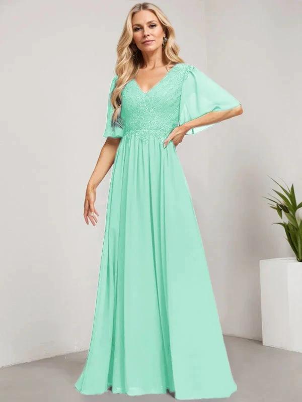 A-line V-Neck Floor-Length Lace Chiffon Mother of the Bride Dress With Sequins by Dreamylily