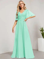 A-line V-Neck Floor-Length Lace Chiffon Mother of the Bride Dress With Sequins by Dreamylily