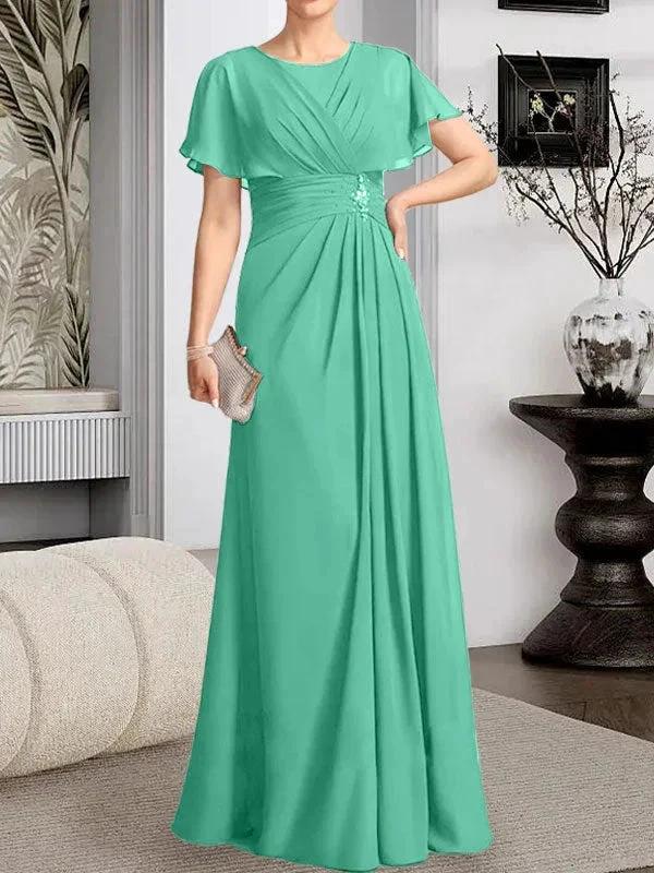 A-line Scoop Floor-Length Chiffon Mother of the Bride Dress With Pleated Beading by Dreamylily